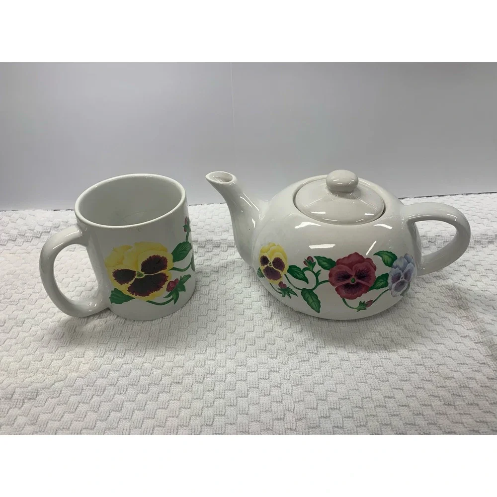 Vintage GGI Ceramic Pansy Floral Teapot and Mug Set Retro Cottagecore Fairycore